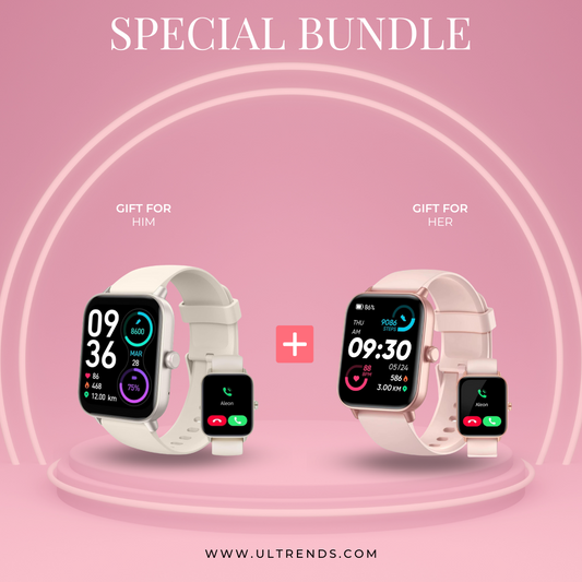 Gleam Up Smart Watch Set of 2 - Fitness & Heart Rate Tracking, IP68 Waterproof (Pink & White)