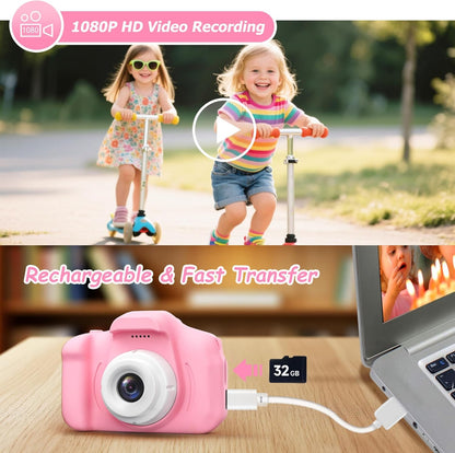 Kids Camera with 3 Magnetic Covers (Princess/Unicorn/Cat), HD Selfie Video, Christmas Gift for Girls 3–5, 32GB SD Card