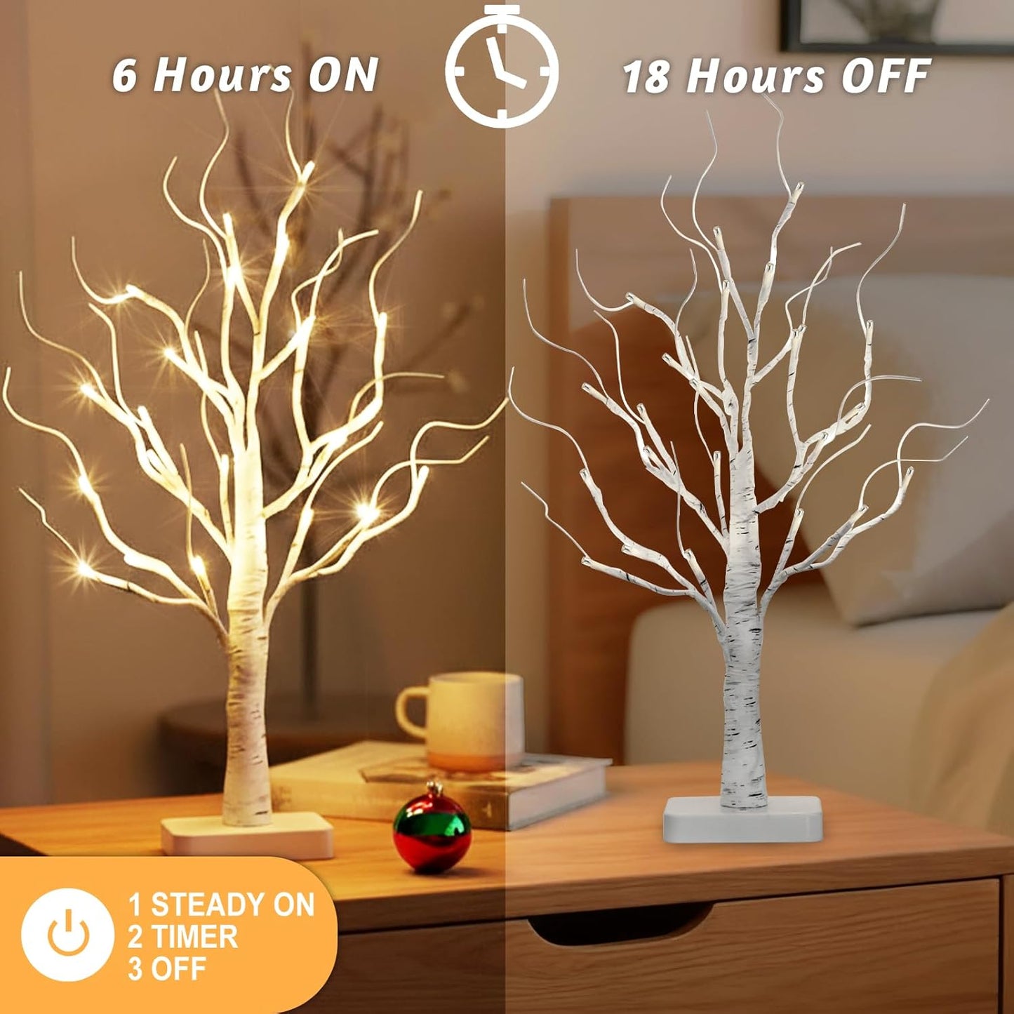 2-Pack 22" Lighted Birch Trees with Timer – Warm White LED Tabletop Christmas Decorations