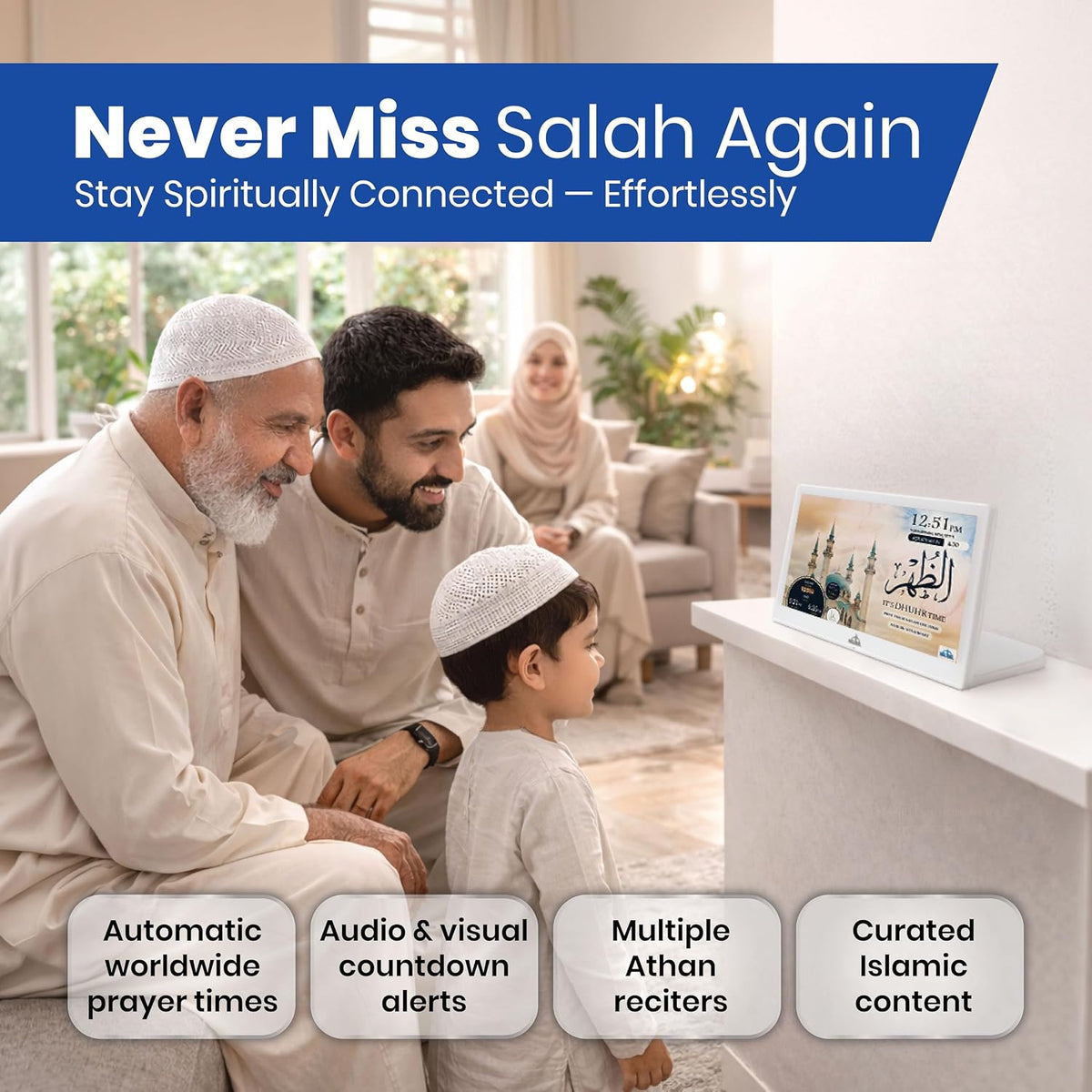 Masjidal 14" Digital Azan Clock with WiFi, Touchscreen, Full Quran & Worldwide Prayer Times