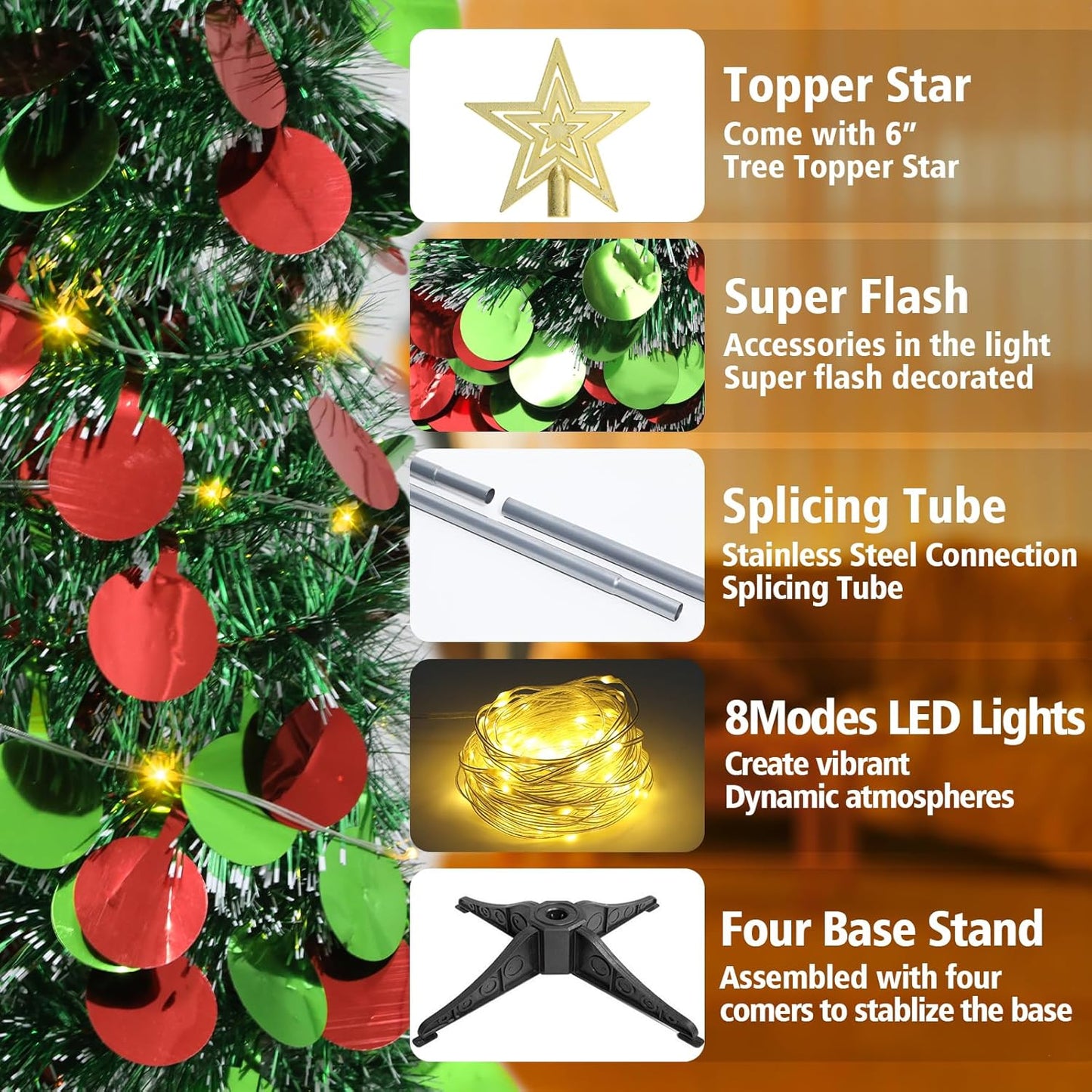 5FT Pop Up Christmas Tree with Timer LED Lights, 24 Ornaments & Star Topper  –  Collapsible Tinsel Pencil Tree for Home or Office