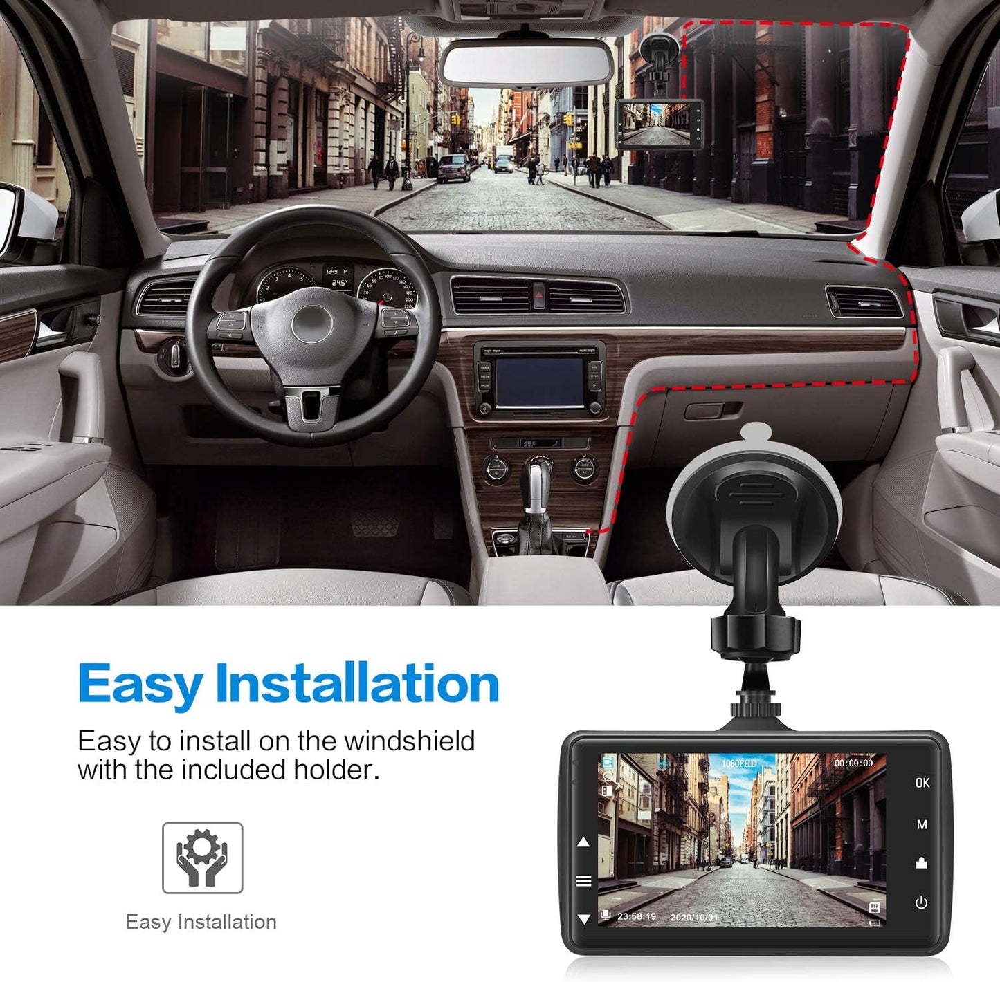 1080P FHD Dash Cam Front with 3" IPS Screen, 170° Wide Angle, G-Sensor, Parking Monitor, Loop Recording, Motion Detection, 32GB SD Card