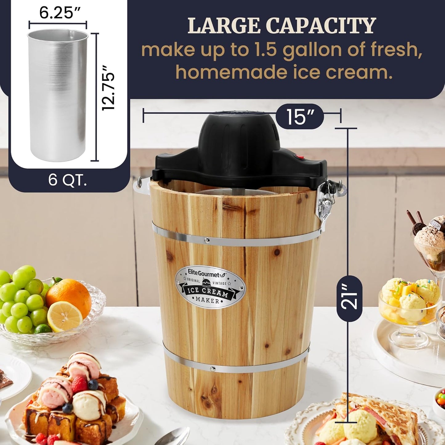Elite Gourmet Old Fashioned 6 Quart Vintage Wood Bucket Electric Maker Machine