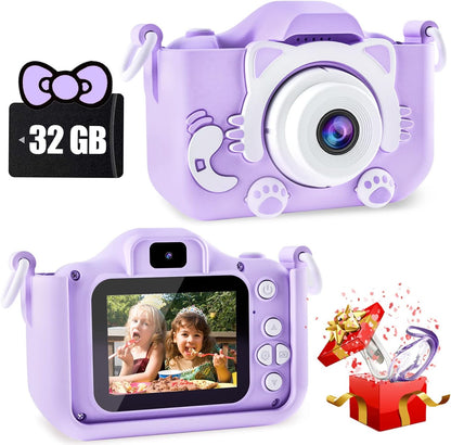Cat Camera Toy for Kids, Digital Camera with 2.0 Inch Display, 100° angle lens, 3 puzzle games, 28 frames and 6 kinds of filters, HD Video Camera with 32GB SD Card.