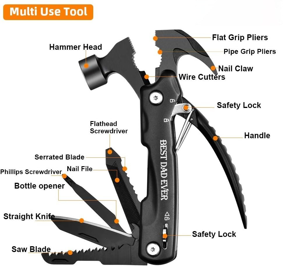 All-in-One Tools: 12-in-1 Mini Hammer Multitool - Father's Day Gifts from Kids - Cool Gadgets & Birthday Presents for Dad