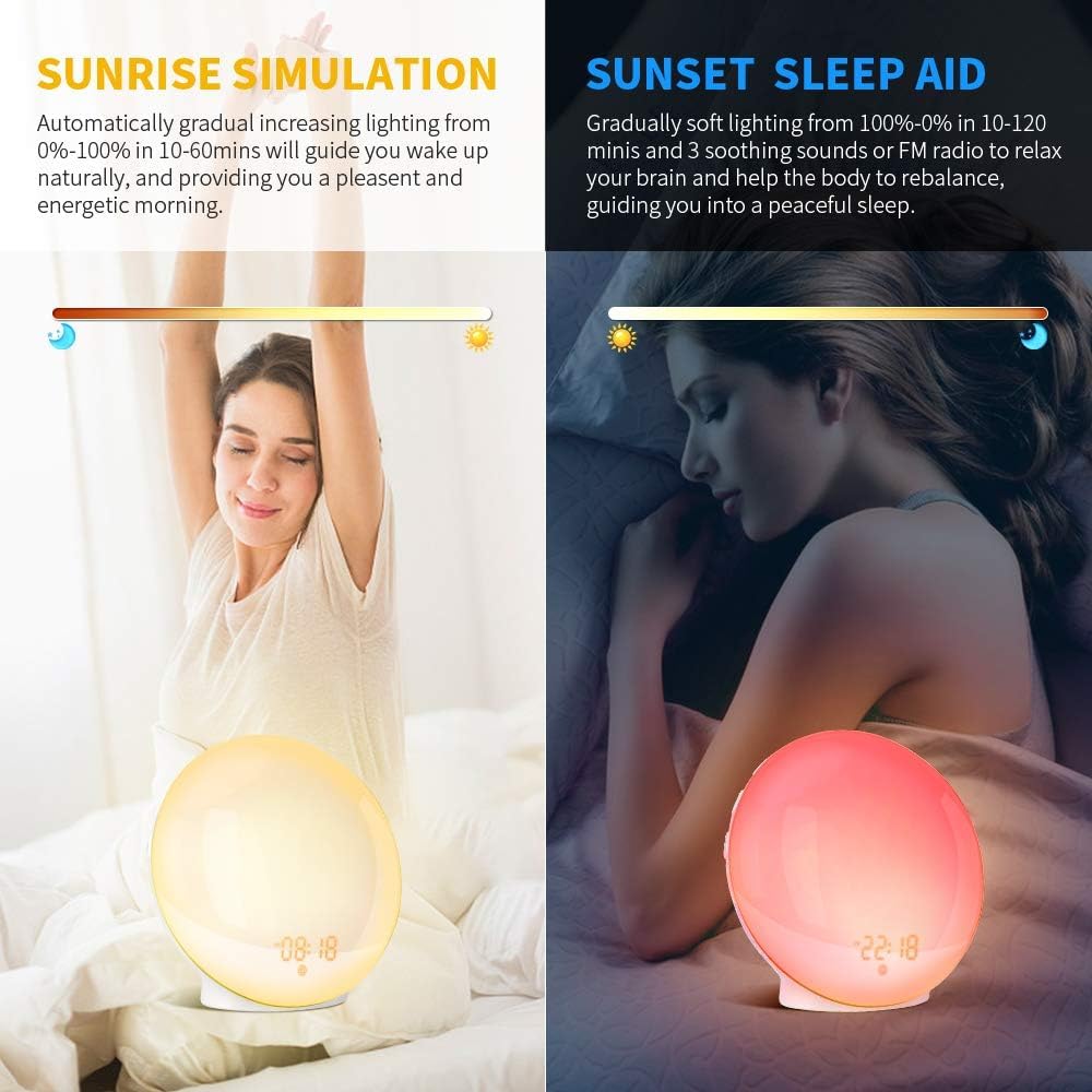 Sunrise Alarm Clock Wake Up Light, Dekala Alarm Clocks for Bedrooms, Sunrise Simulation, Noise Sound Machine, Sleep Mode, Dual Alarms, FM Radio, Snooze, 15 Smoothing Sounds