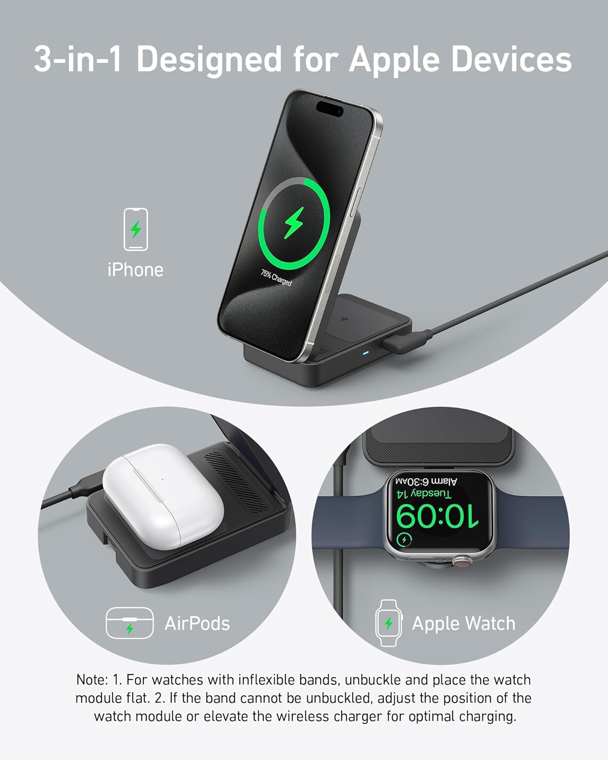 Anker MagGo 3 in 1 iPhone 17 Charging Station, MagSafe-Compatible Wireless Charger Stand, Qi2 Certified 15W Foldable Charger for iPhone 17/16/15/14/13/12, AirPods, Apple Watch Ultra(Adapter Included)