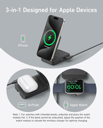 Anker MagGo 3 in 1 iPhone 17 Charging Station, MagSafe-Compatible Wireless Charger Stand, Qi2 Certified 15W Foldable Charger for iPhone 17/16/15/14/13/12, AirPods, Apple Watch Ultra(Adapter Included)