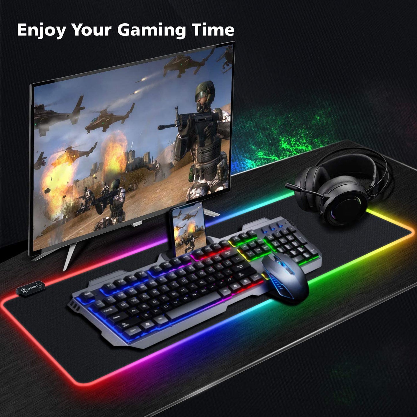 RGB XXL Gaming Mouse Pad with 14 Light Modes – Waterproof, Anti-Fray, 31.5" Extended Desk Mat