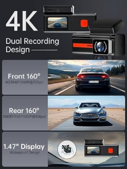 ULTRENDS 4K Dual Dash Cam Front and Rear with 1.47" Display, Wi-Fi Car Camera with 64GB Card, G-Sensor, App Control, and 24H Parking Monitor