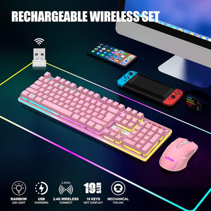 K10 Wireless Gaming Keyboard & Mouse Combo, RGB Backlit, Rechargeable 3800mAh, Pink – PC Gamer Gift