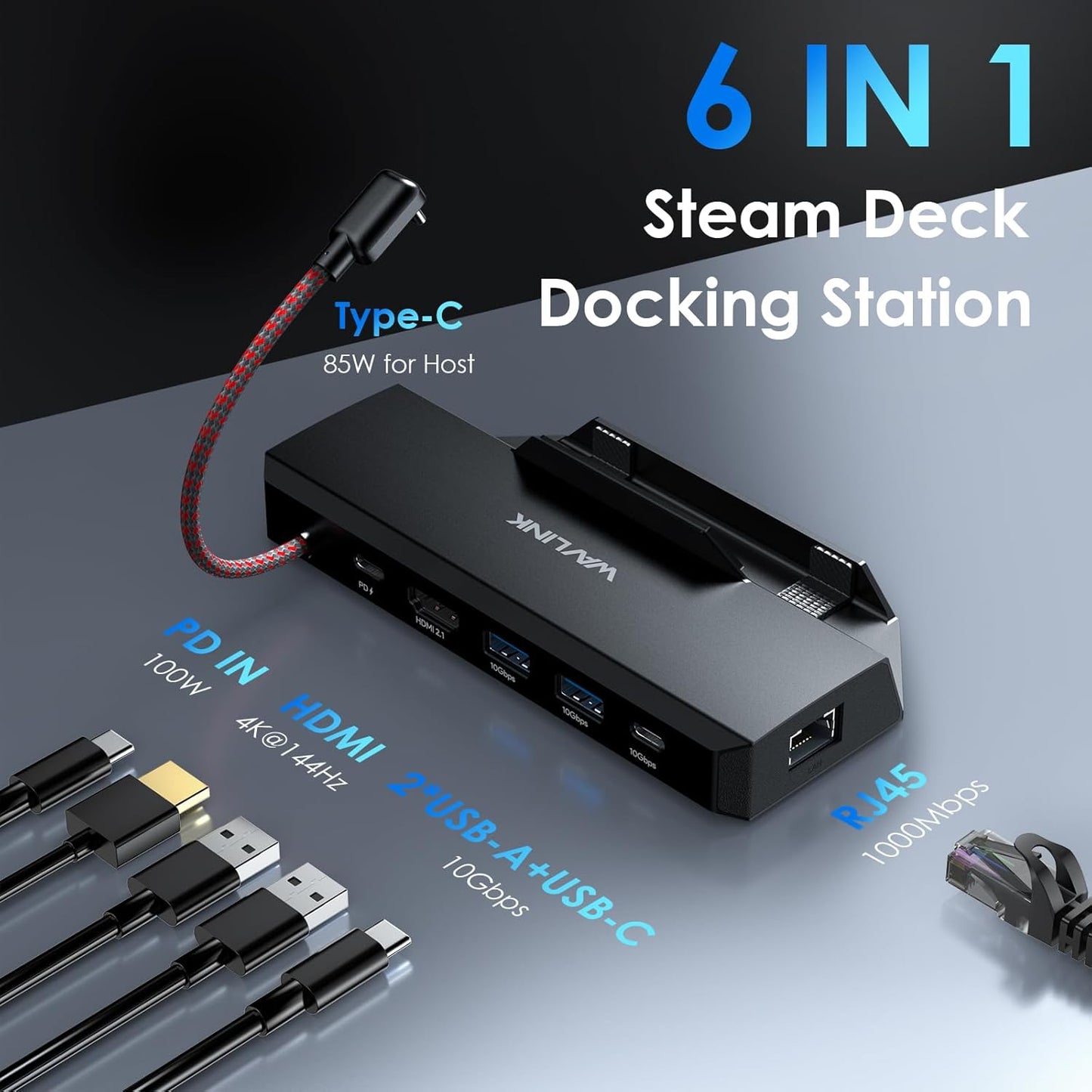 Steam Deck Dock, 6-in-1 Docking Station for Steam Deck/ROG Ally/Legion Go with 4K@144Hz HDMI 2.1, 100W PD in, 3X 10G USB 3.2, Gigabit RJ45