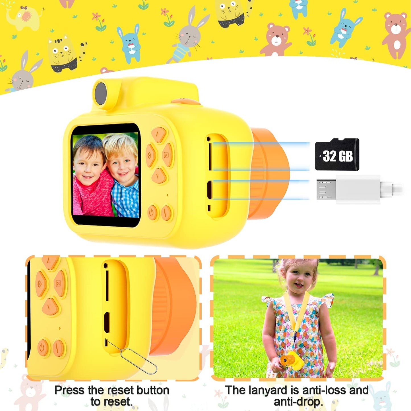 Digital Camera for Kids, 600mAh Battery, 30 Cartoon Frames and 6 Color Filters, HD 1080p Video Camera for Girls and Boys with 32GB SD Card.