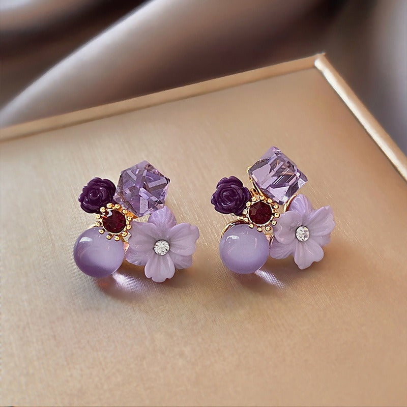 Purple crystal retro flower earrings niche design noble temperament earrings
