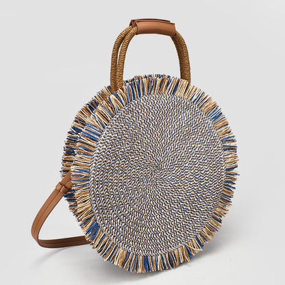 Fashion tassel Handbag Straw bag Women beach woven bag Round Tote fringed Shoulder Travel bag