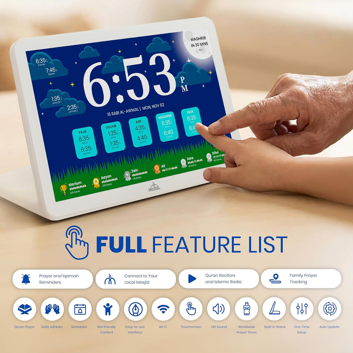 Masjidal 14" Digital Azan Clock with WiFi, Touchscreen, Full Quran & Worldwide Prayer Times