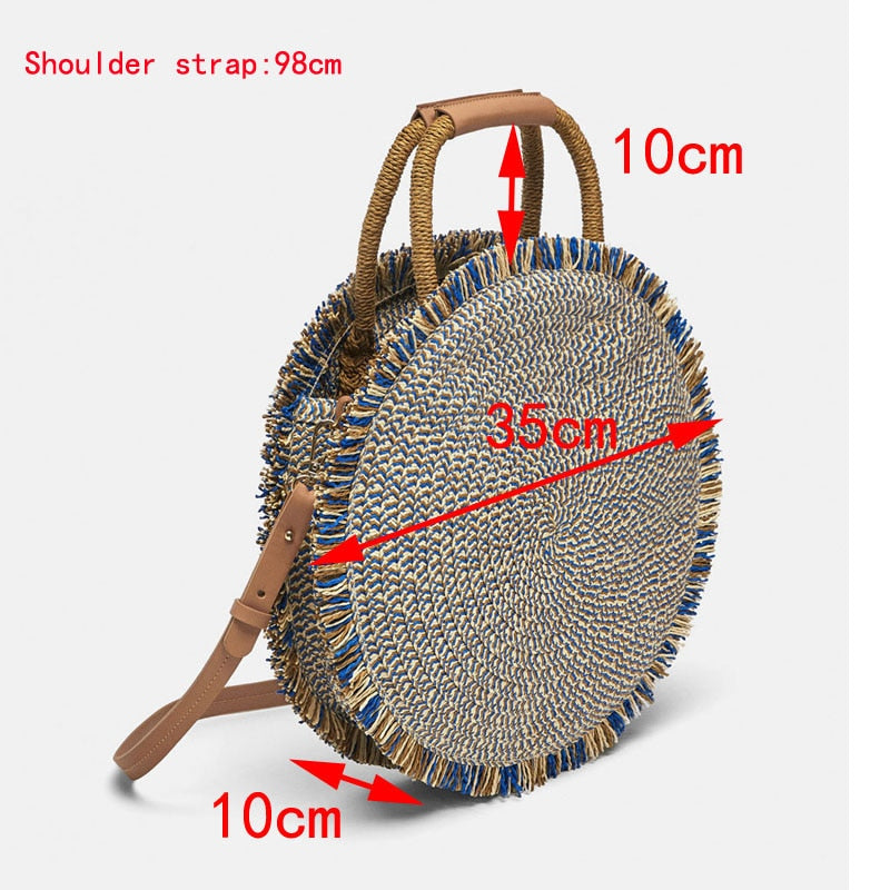 Fashion tassel Handbag Straw bag Women beach woven bag Round Tote fringed Shoulder Travel bag