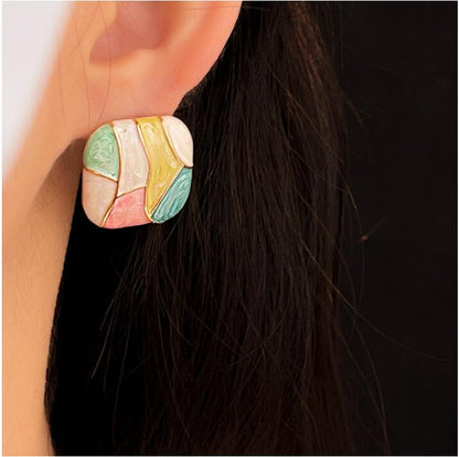 Colorful oil dripping square metal earrings, fashionable and personalized earrings
