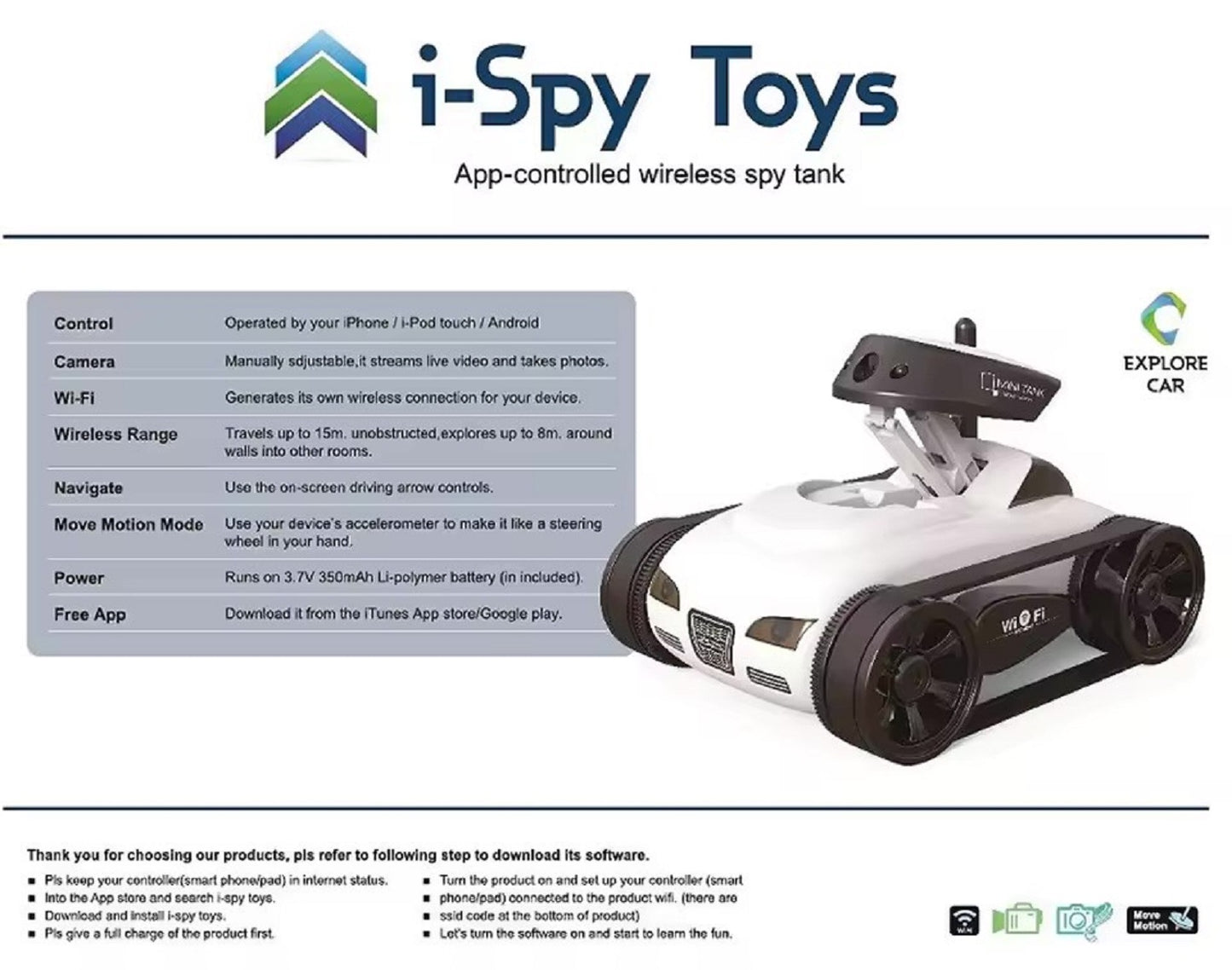 Mini Wi-Fi Spy Tank Car with Live Camera – 30W Pixel Wireless Control via iPhone, iPad, iPod – Remote Control Toy Vehicle