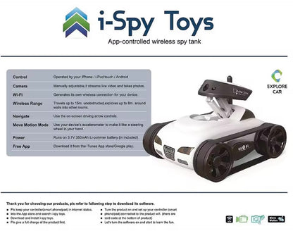 Mini Wi-Fi Spy Tank Car with Live Camera – 30W Pixel Wireless Control via iPhone, iPad, iPod – Remote Control Toy Vehicle