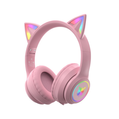 Bluetooth Cat Ear Headphones for Kids - Foldable, LED Lights, 85dB Volume (Pink)