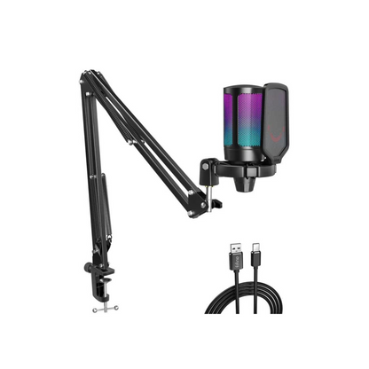 Fifine Gaming Microphone - USB Condenser Mic Kit with RGB, Mute Button, Gain Knob, Boom Arm Stand, Pop Filter for PC Recording