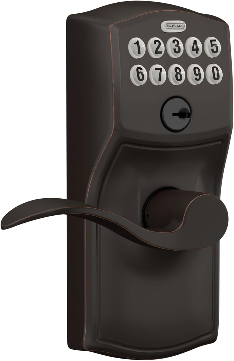 Schlage Camelot Keypad Entry with Flex-Lock and Accent Lever, Aged Bronze, FE595 CAM 716 Acc