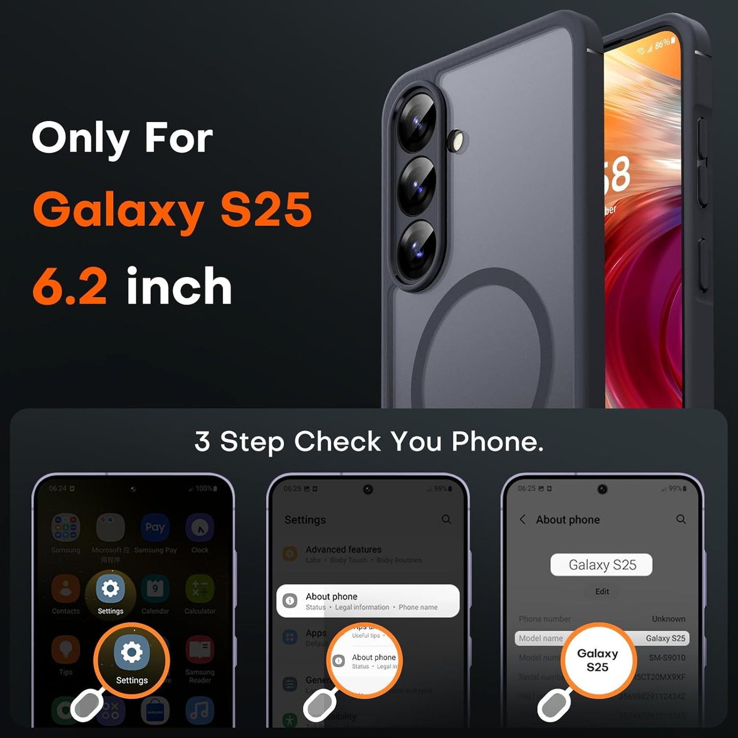 Samsung Galaxy S25 Case Magnetic, Upgraded [Full Camera Protection][Military Drop Protection] Matte Back Cover for S25, Black