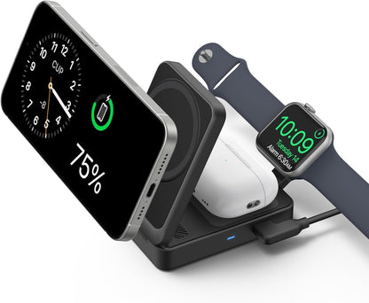 Anker MagGo 3 in 1 iPhone 17 Charging Station, MagSafe-Compatible Wireless Charger Stand, Qi2 Certified 15W Foldable Charger for iPhone 17/16/15/14/13/12, AirPods, Apple Watch Ultra(Adapter Included)