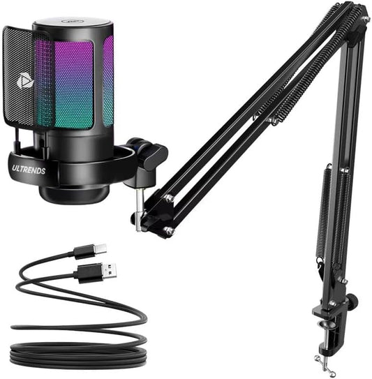 ULTRENDS Gaming Microphone for PC Computer, USB Streaming Condenser Mic Kit with RGB, Quick Mute, Gain Knob, Boom Arm Stand, Pop Filter for Recording and Podcasting.