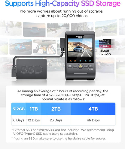 VIOFO A329S 4K 60FPS Front & 2K Rear Dash Cam, Dual STARVIS 2 Sensors, Wi-Fi 6, GPS, Voice Control, HDR Parking Mode, Supports 4TB SSD