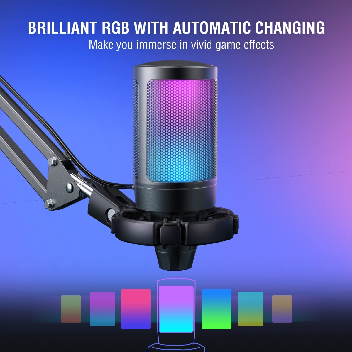 Fifine Gaming Microphone - USB Condenser Mic Kit with RGB, Mute Button, Gain Knob, Boom Arm Stand, Pop Filter for PC Recording