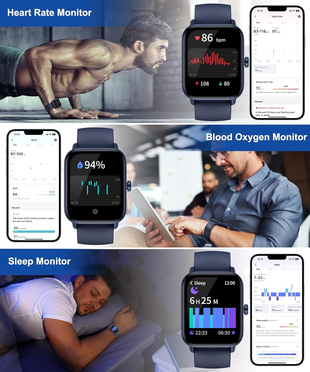 Gleam Up Smart Watch - Fitness Tracker, Heart Rate Monitor, IP68 Waterproof (Blue)