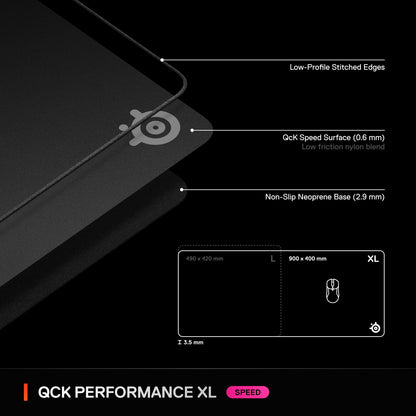 SteelSeries QcK XL Performance Control Gaming Mousepad — Extra Density for a Smooth Glide — Low-Profile Edge Stitching — Non-Slip Neoprene Rubber Base — 15.75 x 34.43 inch — FPS, MOBAs, RTS, MMO