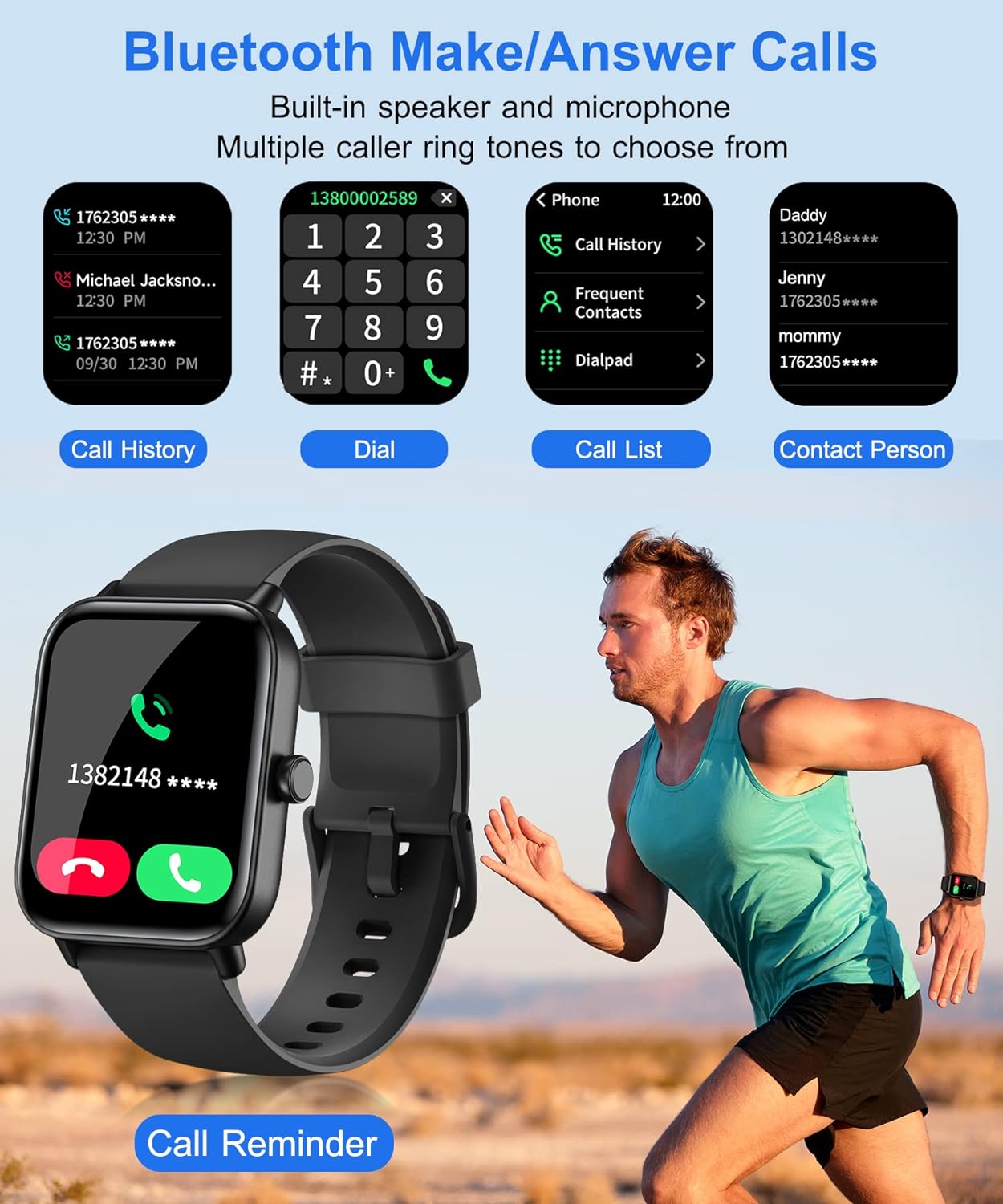 Gleam Up Smart Watch - Fitness Tracker, Heart Rate Monitor, IP68 Waterproof (Black)