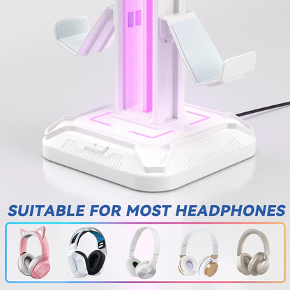 Headset Stand with Phone Holder & Controller Mount, 9 Light Modes, USB Charging Ports, Rotatable Headphone Hanger, Gaming PC Accessories Storage Hook (Black)