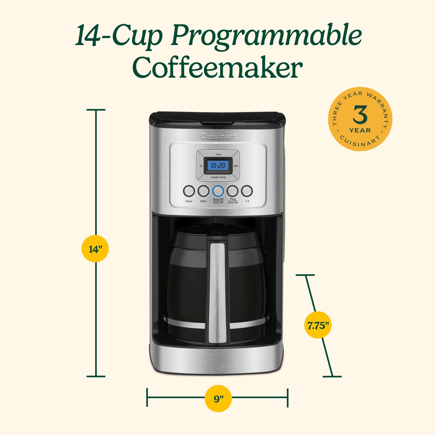 Cuisinart 14-Cup Programmable Coffee Maker with PerfecTemp Glass Carafe, 1-4 Cup Setting, Brew Strength Control and Brew Pause, Stainless Steel (DCC-3200C)