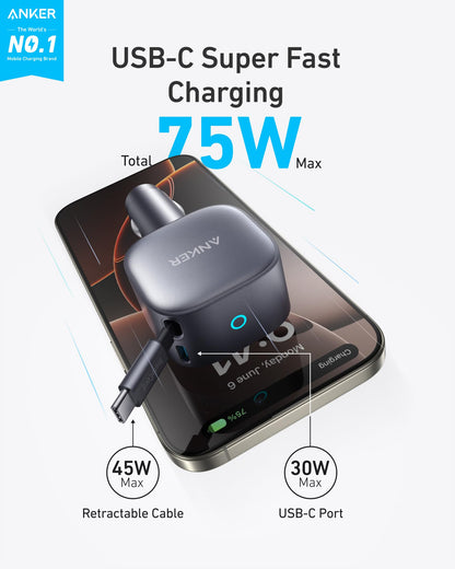 Anker USB-C Car Charger, 75W Max Ultra-Compact Type-C Fast Car Charger with Built-in Retractable Cable, Car Adapter for iPhone 16/15/14 Series, MacBook Pro/Air, iPad, Galaxy, AirPods, and More