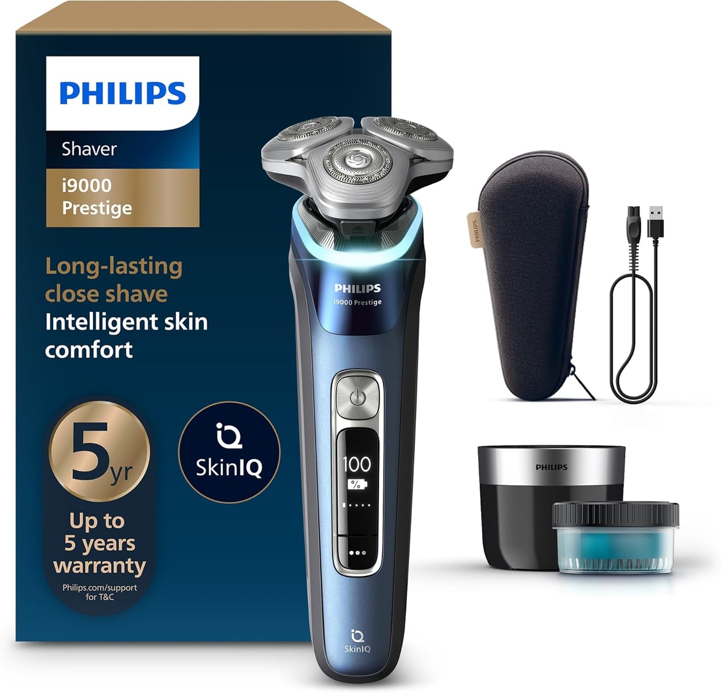 Philips i9000 Prestige Electric Shaver, Mystic Blue | SkinIQ Comfort, Wet or Dry Use, 360° Dual SteelPrecision Blades, Quick Clean Pod, Includes Travel Case, XP9201/20