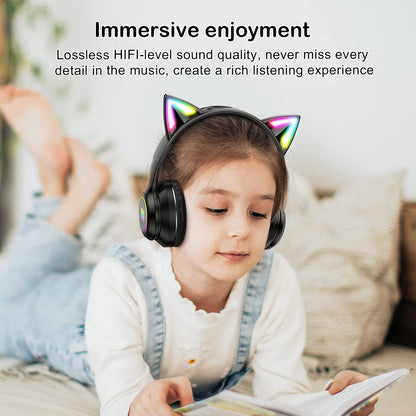 ULTREND Bluetooth Kids Headphones - Cat Ear LED, 85dB Volume, Foldable (Black)