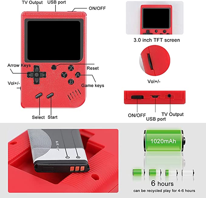 ULTREND Retro Handheld Game Console - 400 FC Games, 3.0-Inch Screen, Rechargeable (Red)