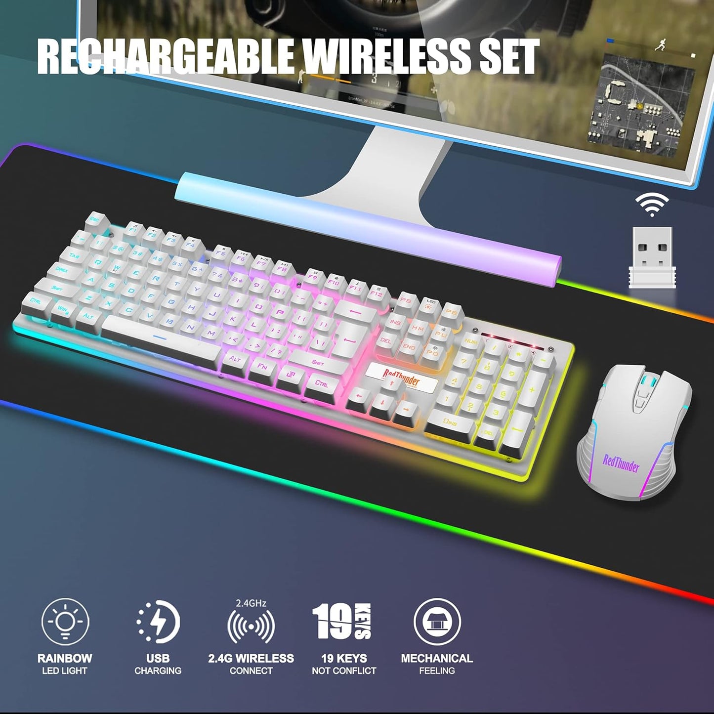 K10 Wireless Gaming Keyboard and Mouse Combo – LED Backlit, Rechargeable 3800mAh, Anti-Ghosting Keyboard + 7D 3200DPI Mouse for PC Gaming (White)