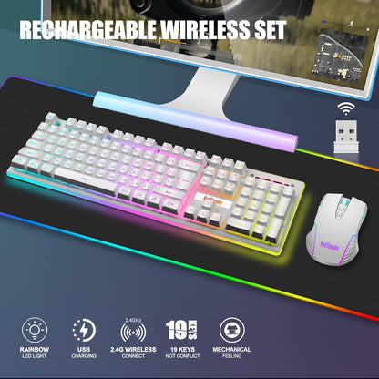 K10 Wireless Gaming Keyboard and Mouse Combo – LED Backlit, Rechargeable 3800mAh, Anti-Ghosting Keyboard + 7D 3200DPI Mouse for PC Gaming (White)