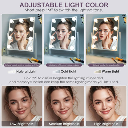 Lighted Vanity Makeup Mirror 14x12" with 9 Bulbs, Touch Control, 3 Color Modes