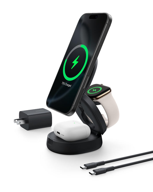 Belkin MagSafe 3-in-1 Qi2 Wireless Charging Station 15W, Convertible Wireless Charger for iPhone 17, Apple Watch, AirPods w/ 36W Adapter - Black