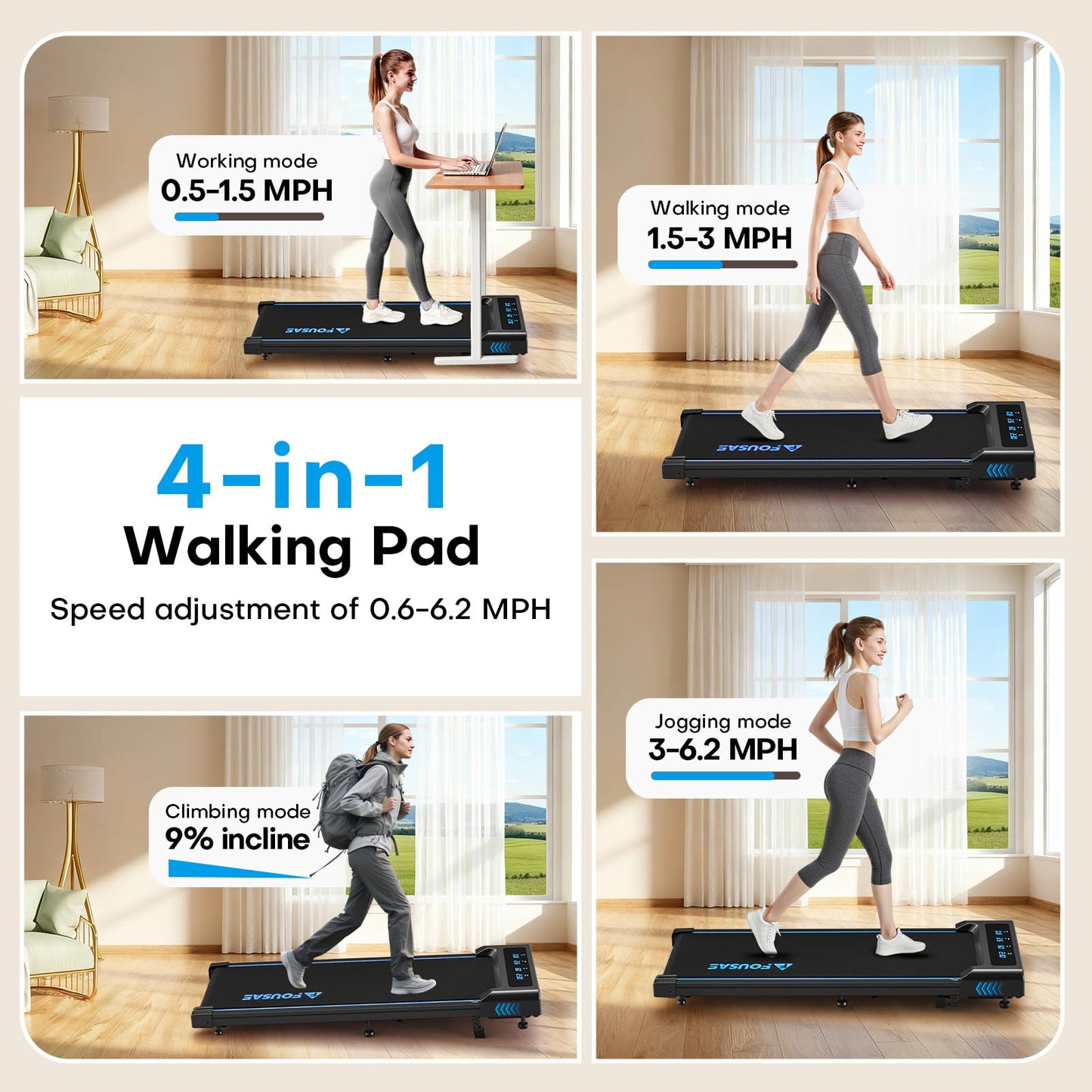 4-in-1 Walking Pad Treadmill with 9% Incline, 2.5HP Brushless Motor, 6.2 MPH Speed, 12 HIIT Programs, LED Display & Remote Control, 330 lb Capacity