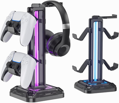 Headset Stand with Phone Holder & Controller Mount, 9 Light Modes, USB Charging Ports, Rotatable Headphone Hanger, Gaming PC Accessories Storage Hook (Black)