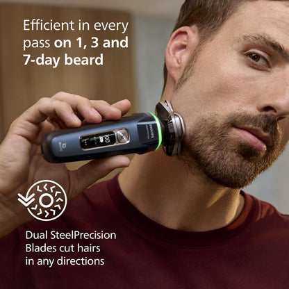 Philips i9000 Prestige Electric Shaver, Mystic Blue | SkinIQ Comfort, Wet or Dry Use, 360° Dual SteelPrecision Blades, Quick Clean Pod, Includes Travel Case, XP9201/20