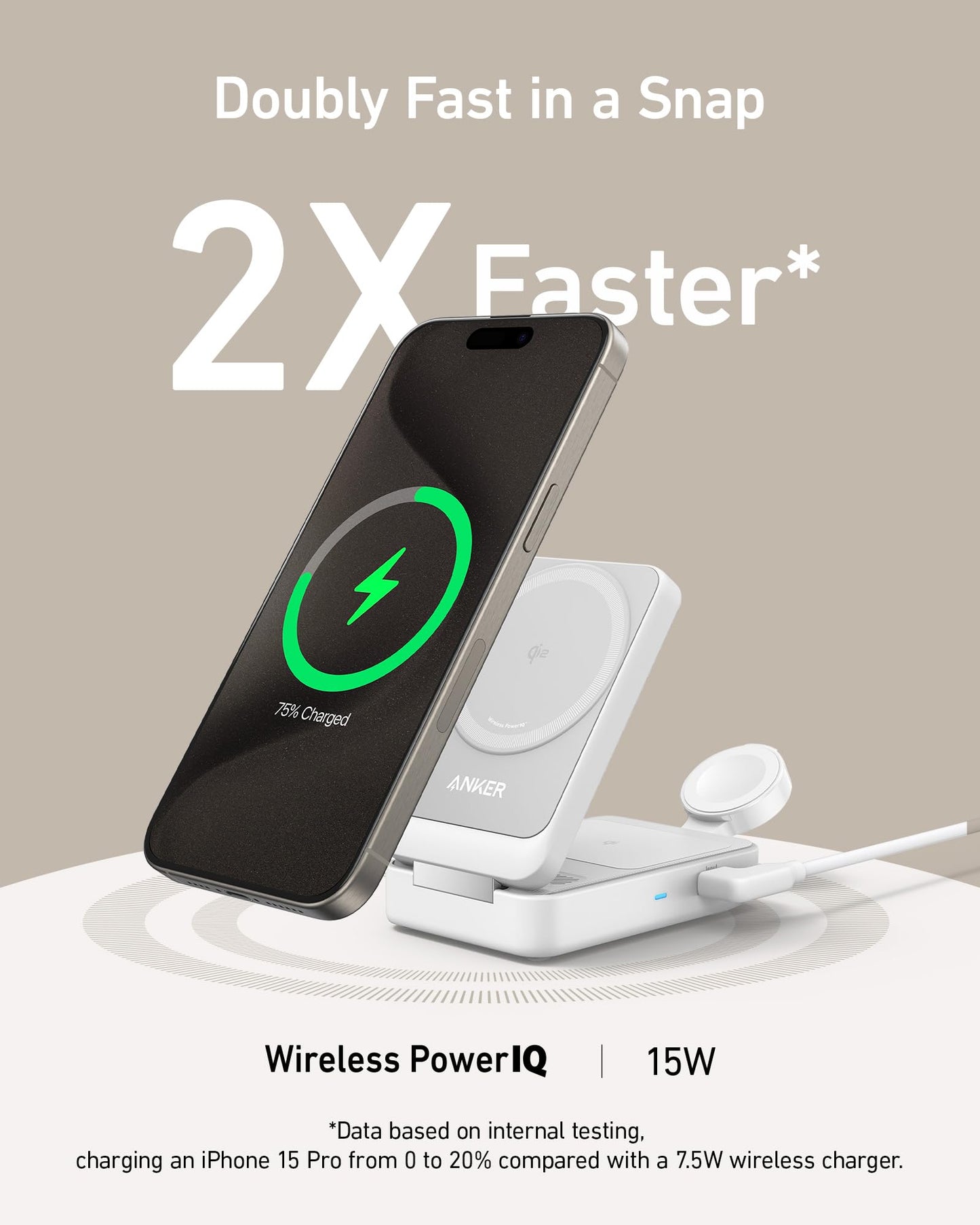 Anker MagGo 3 in 1 iPhone 17 Charging Station, MagSafe-Compatible Wireless Charger Stand, Qi2 Certified 15W Foldable Charger for iPhone 17/16/15/14/13/12, AirPods, Apple Watch Ultra(Adapter Included)
