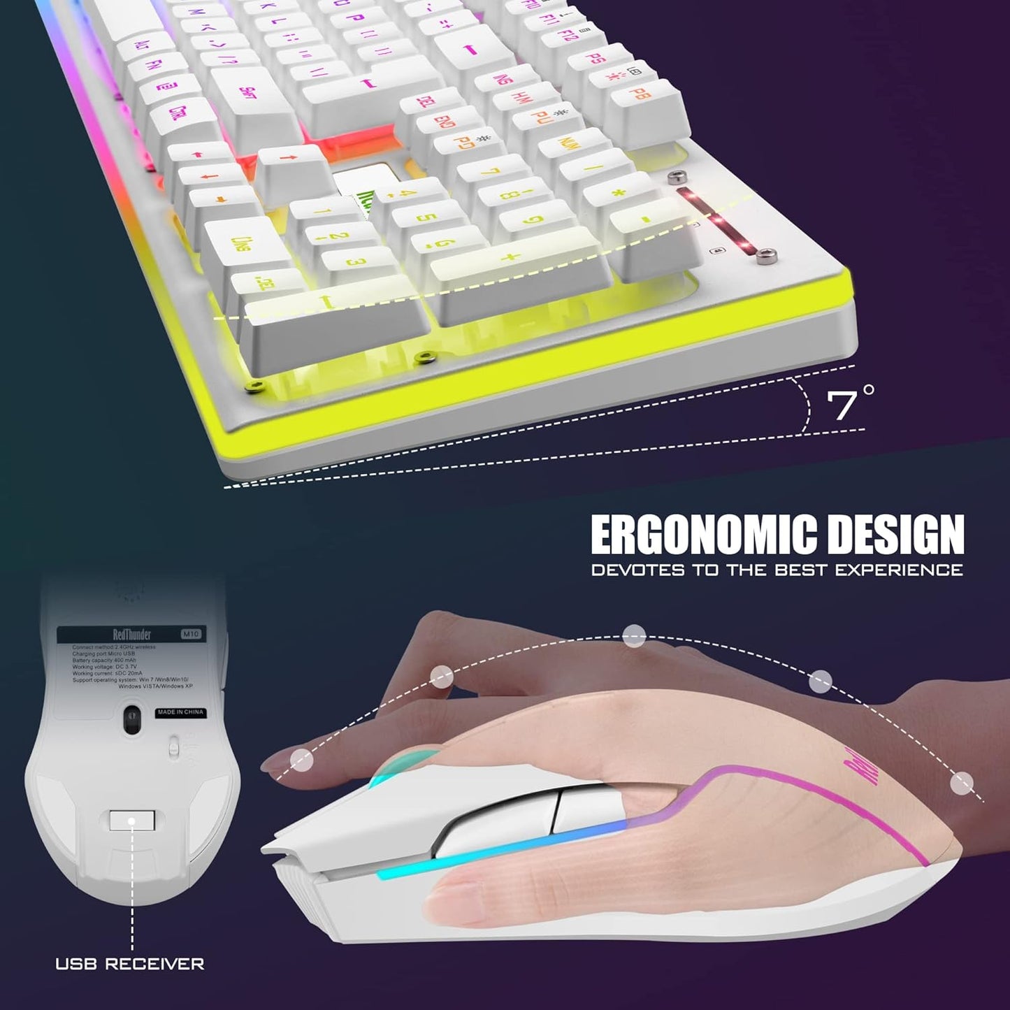 K10 Wireless Gaming Keyboard and Mouse Combo – LED Backlit, Rechargeable 3800mAh, Anti-Ghosting Keyboard + 7D 3200DPI Mouse for PC Gaming (White)
